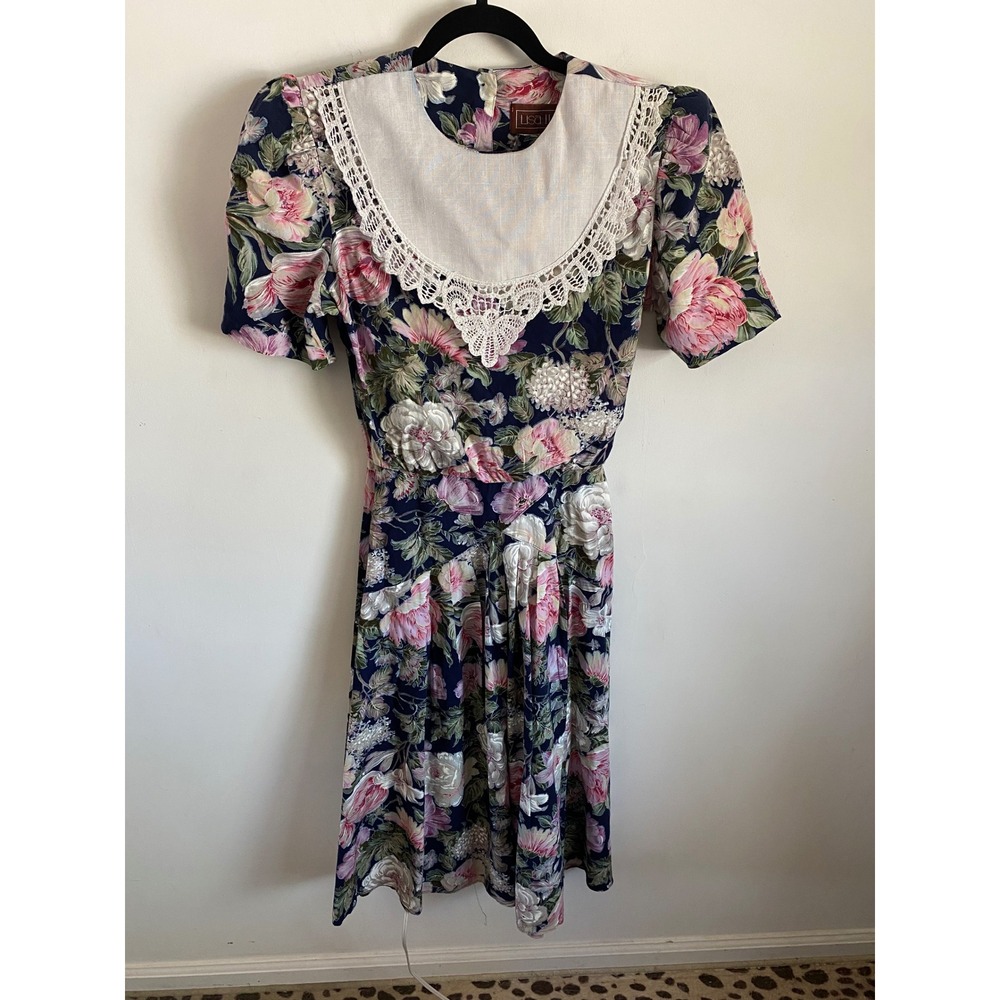 Vintage Lisa II Ltd Floral Midi Dress Navy Pink Lace Bib Collar Short Sleeve